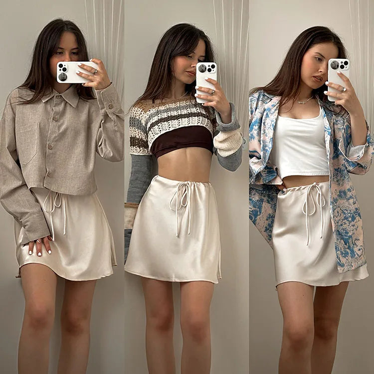 High Waist Drawstring Satin Mini Skirt Summer