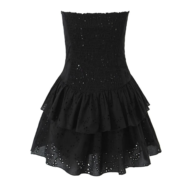 Hollow Out Embroidered Strapless Fit-and-Flare Mini Dress
