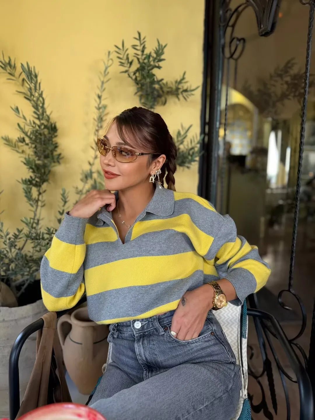 Striped Knit Polo Sweater