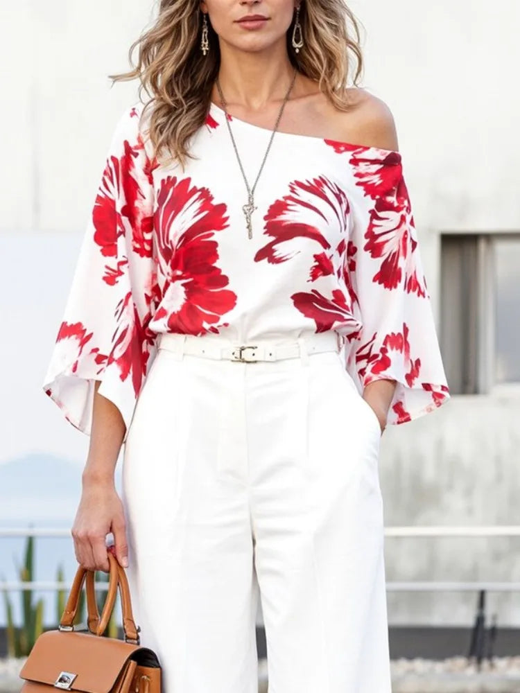 One-Shoulder Floral Long-Sleeve Loose Blouse