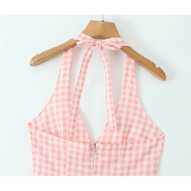 Pink Plaid Backless Halter Low-Waist Mini Dress