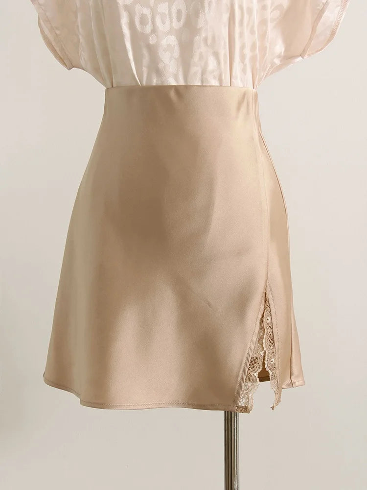 Lace Patchwork Satin Mini Skirt