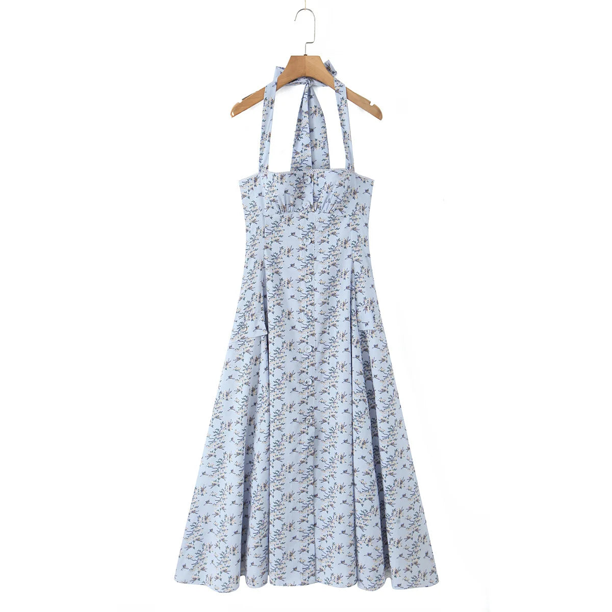 Light blue:: floral dress on a hanger against a white background