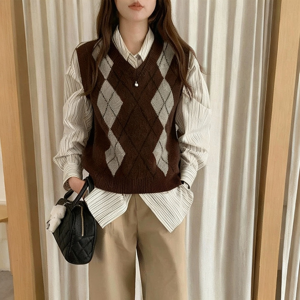 Coffee:: Person wearing a brown argyle sweater vest over a white shirt with beige pants, holding a black handbag.