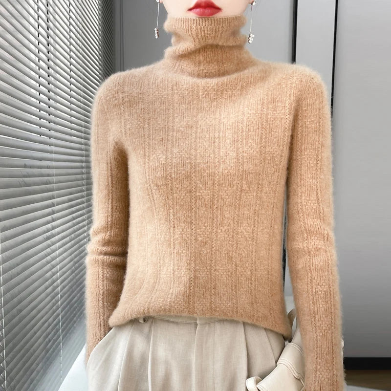 allvariants:: Beige turtleneck sweater worn by a person with a neutral background