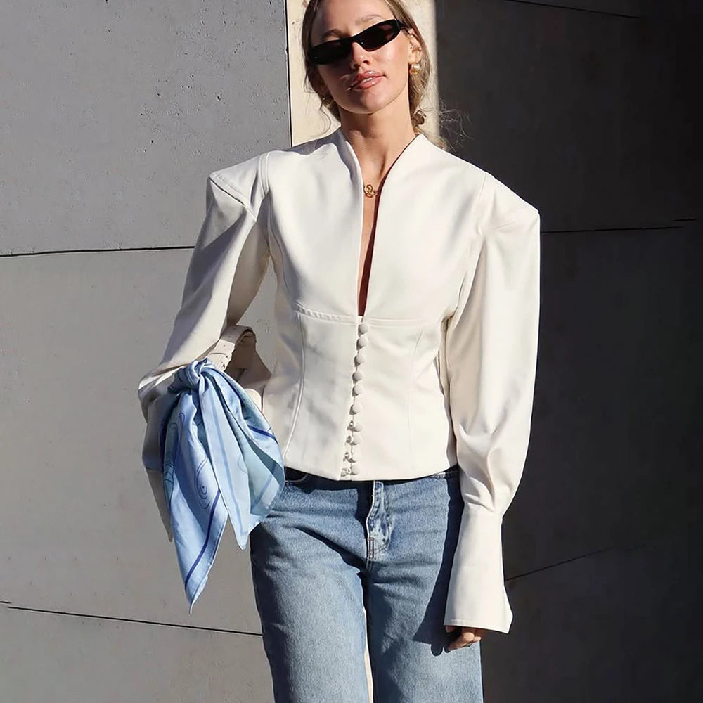 Slim V-Neck White Jacket