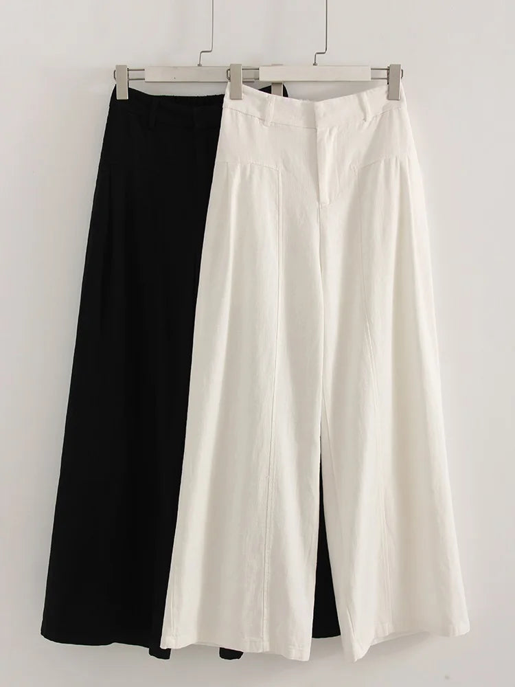 allvariants:: Black and white wide-leg pants hanging on a rack against a white background