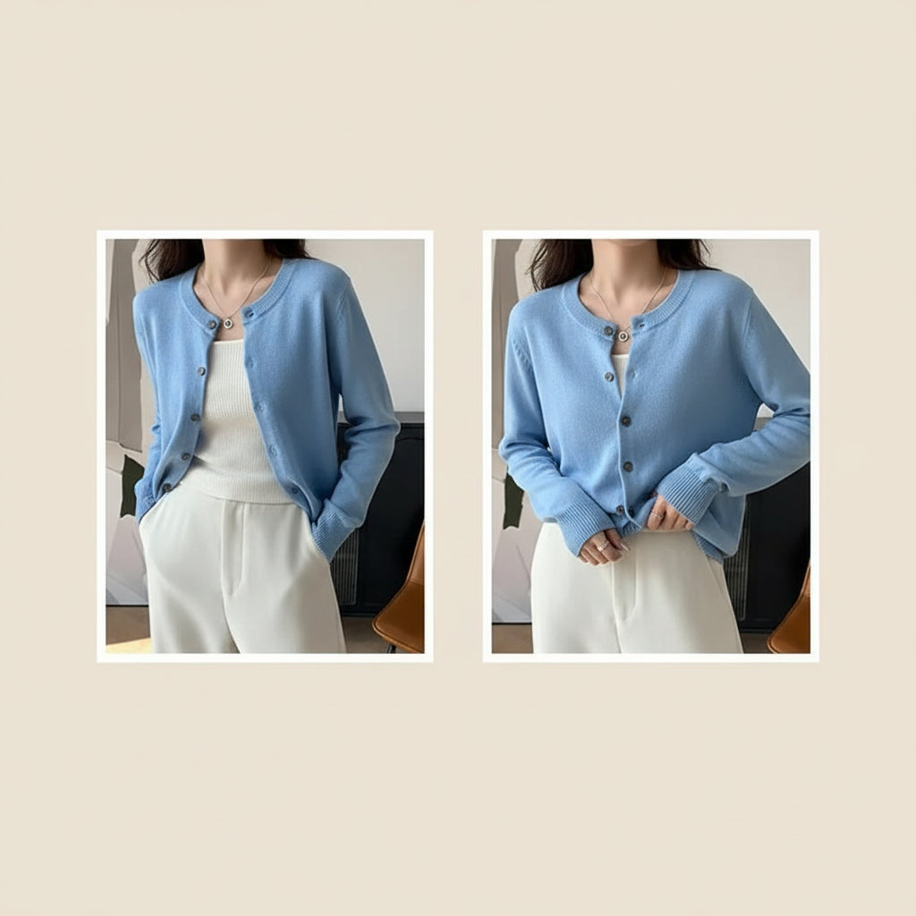 Blue:: Light blue cardigan worn by a person, with close-up details on buttons and sleeves.
