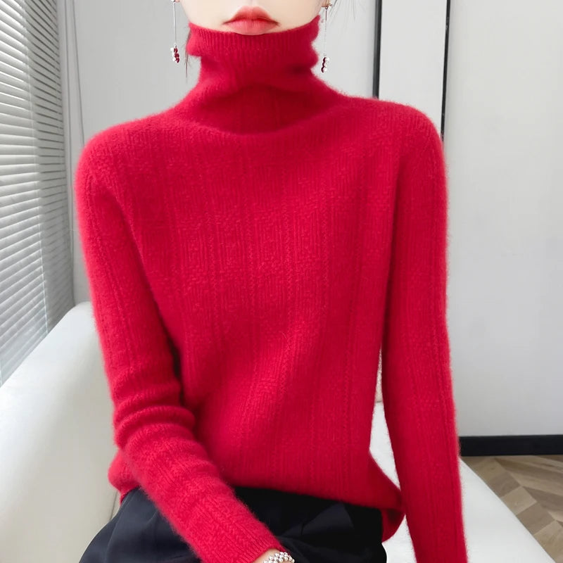 allvariants:: Person wearing a bright red turtleneck sweater sitting on a white chair.