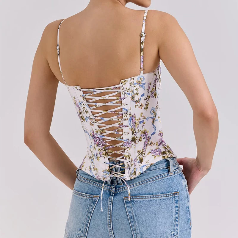 Floral Lace Spliced Bandage-Back Camisole Crop Top