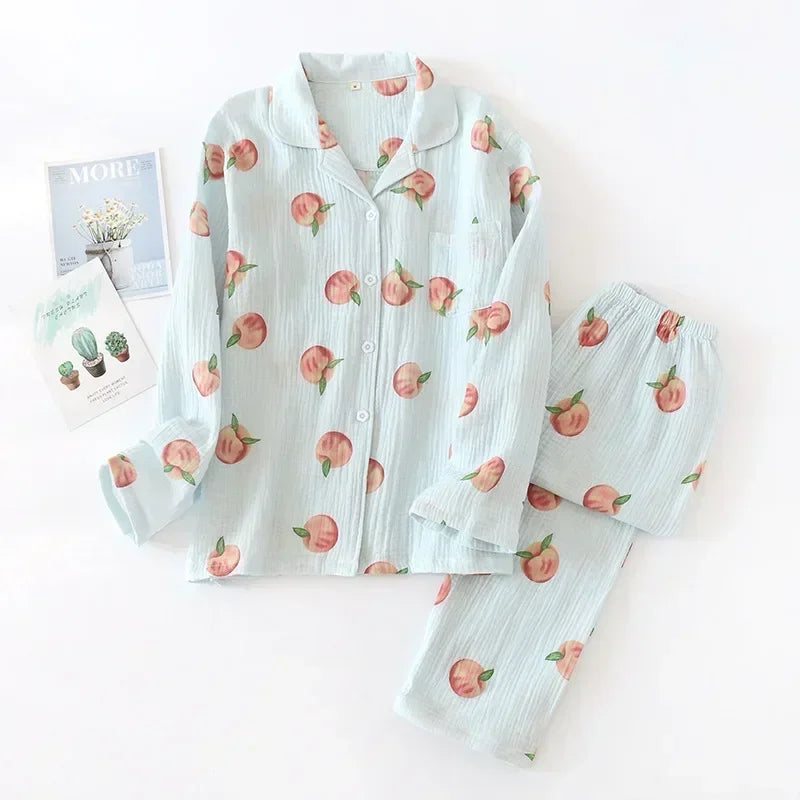 Pajama set with peach pattern on a white background