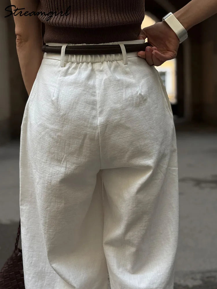 High Waist Cotton-Linen Wide Leg Pants