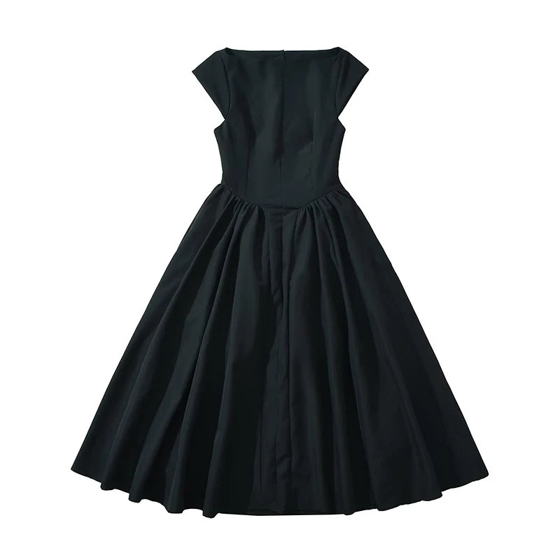 Backless Pleated Low-Waist A-Line Midi Dress