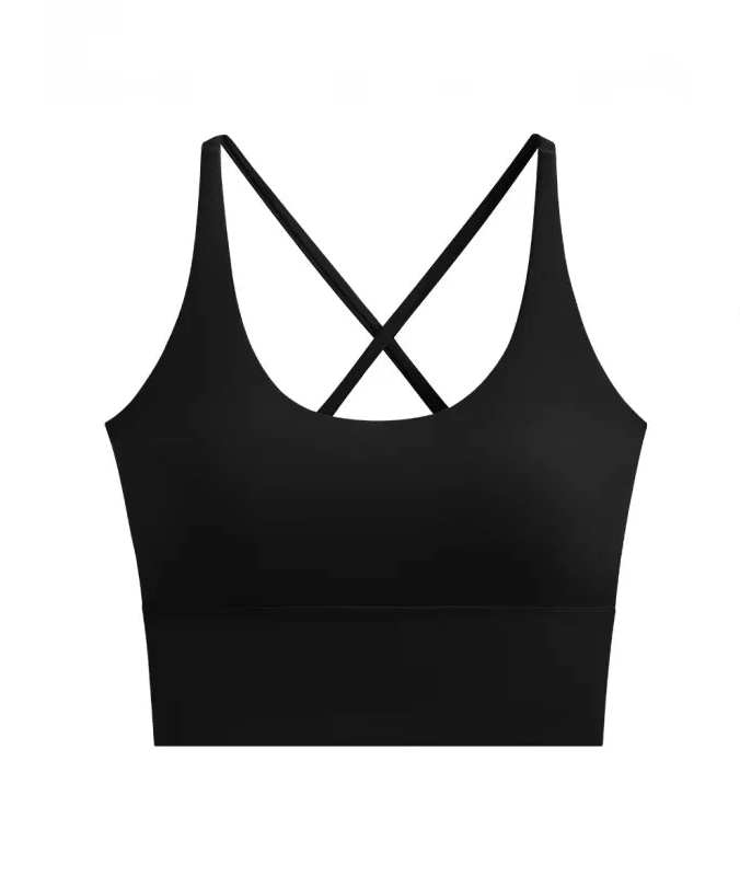 allvariants:: Black sports bra with criss-cross straps on a white background