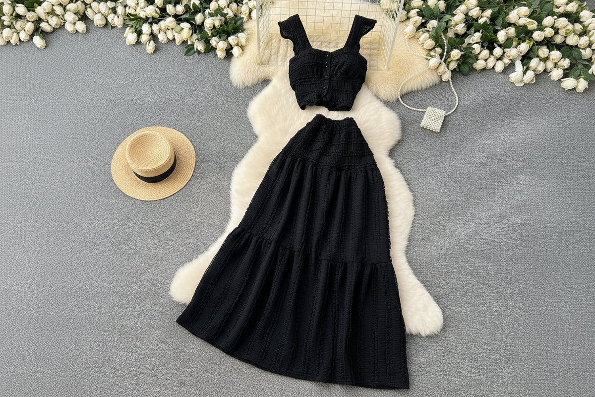 Women’s Casual Beach Two-Piece Set – Button-Front Camisole & A-Line Skirt