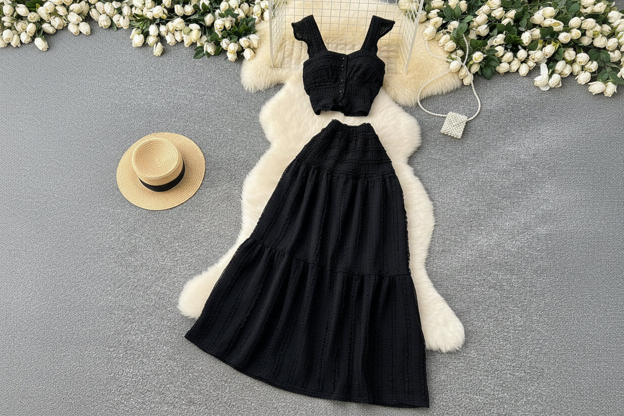 Women’s Casual Beach Two-Piece Set – Button-Front Camisole & A-Line Skirt