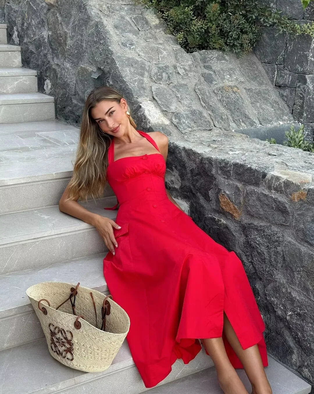 Floral Halter Backless A-Line Midi Dress