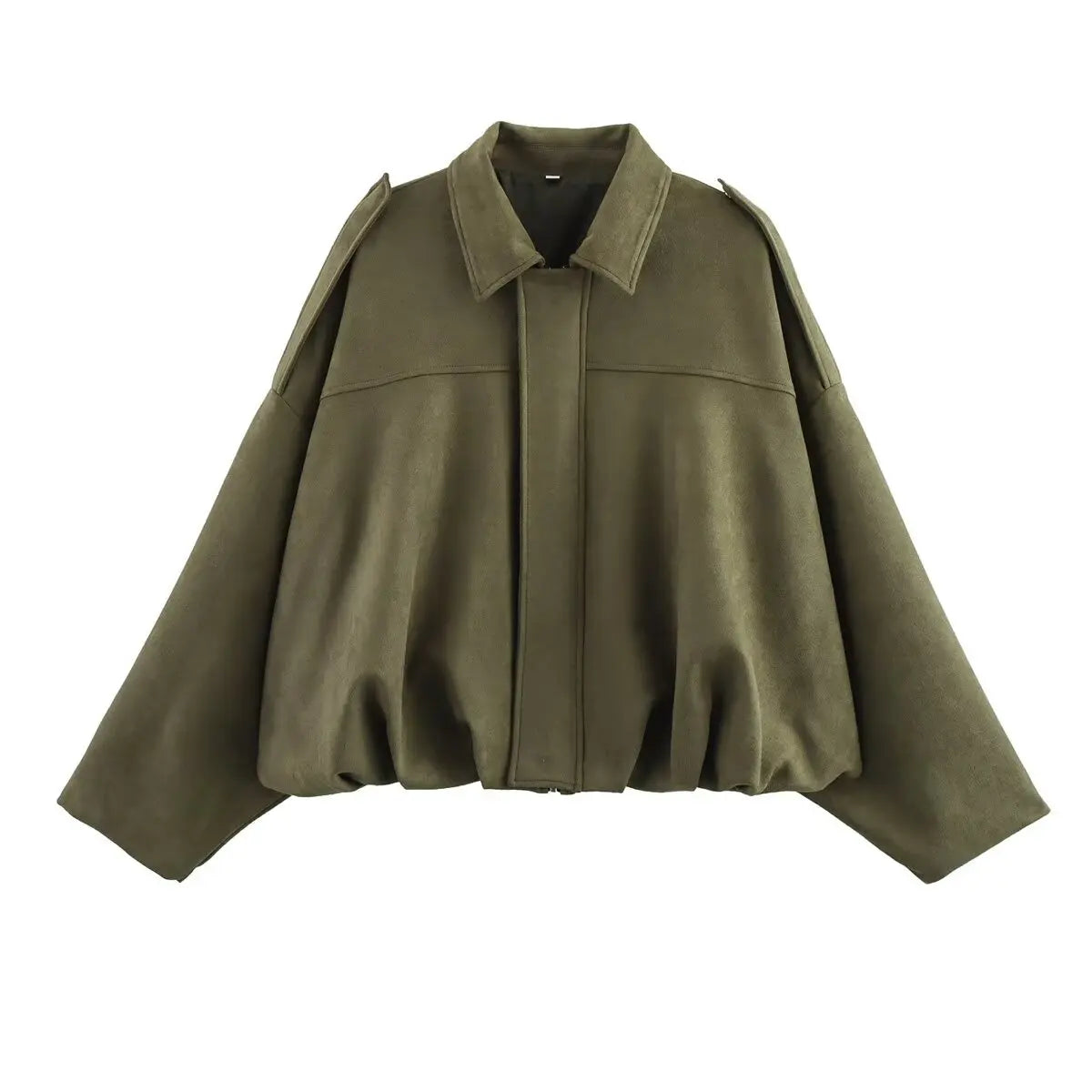 Suede-Textured Bomber Jacket with Lapel Collar