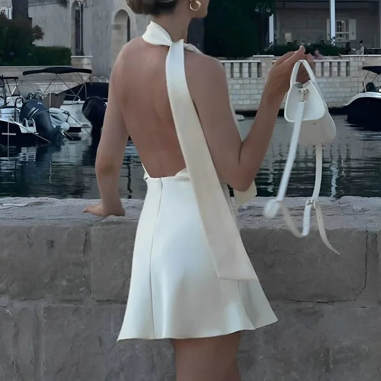 White Satin Backless A-Line Dress
