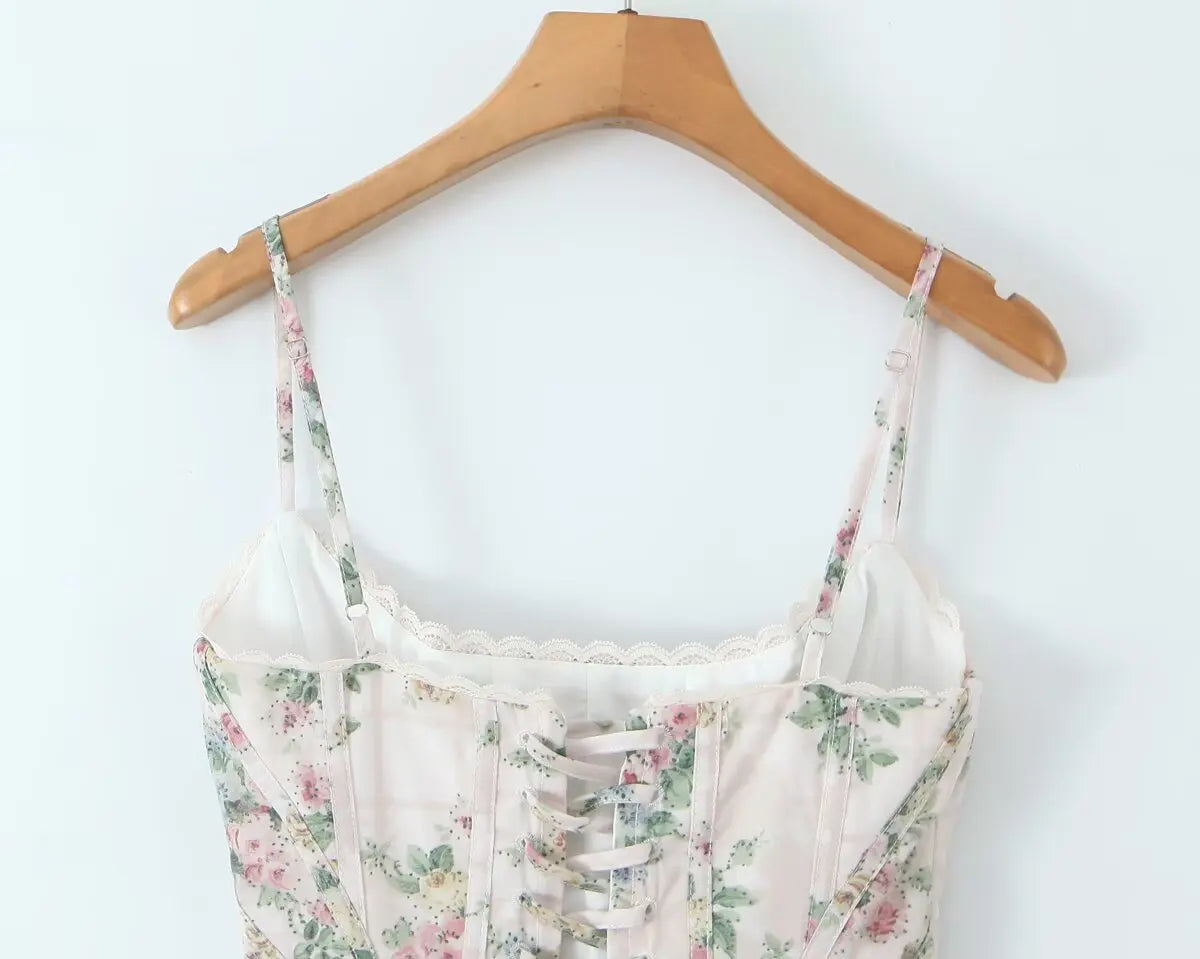 Floral Lace Spliced Bandage-Back Camisole Crop Top