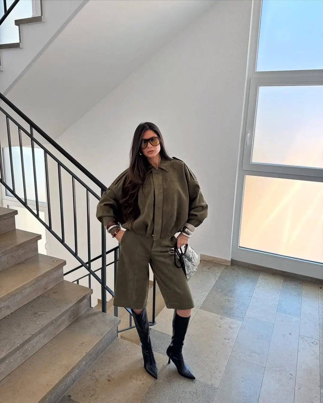 Suede-Textured Bomber Jacket with Lapel Collar