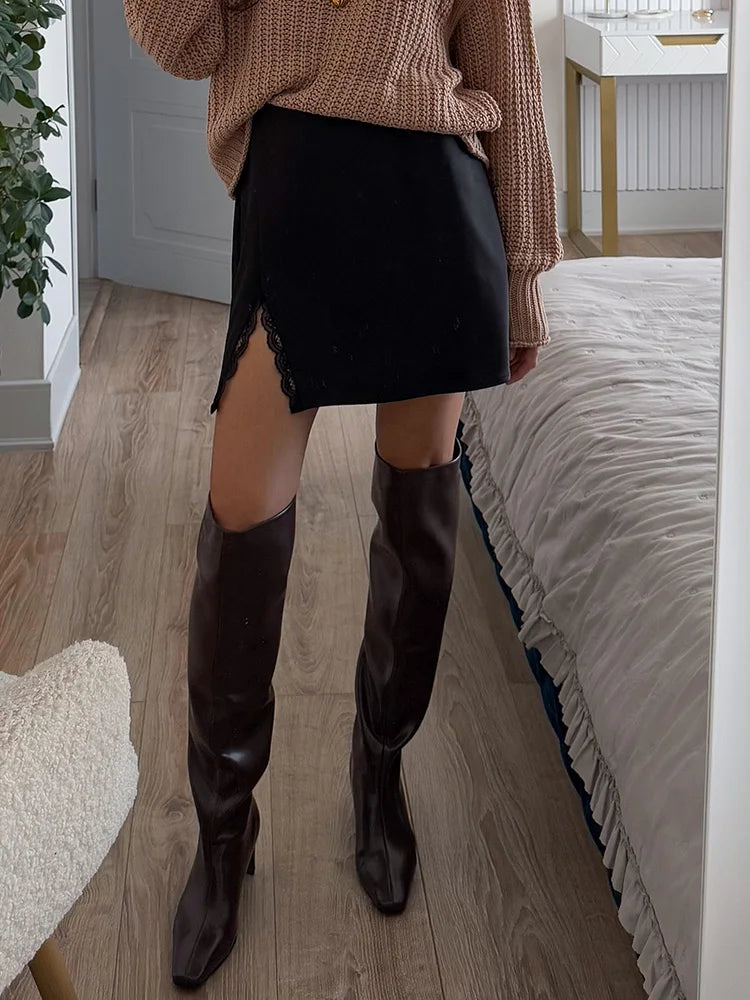 Lace Patchwork Satin Mini Skirt