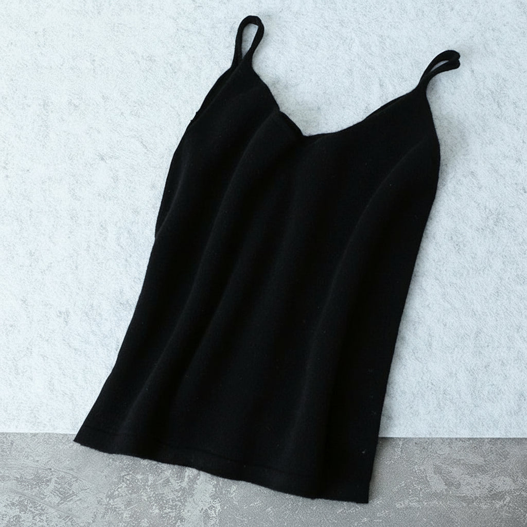 allvariants:: Black wool dress hanging against a light gray background with 'YTFidio' branding.