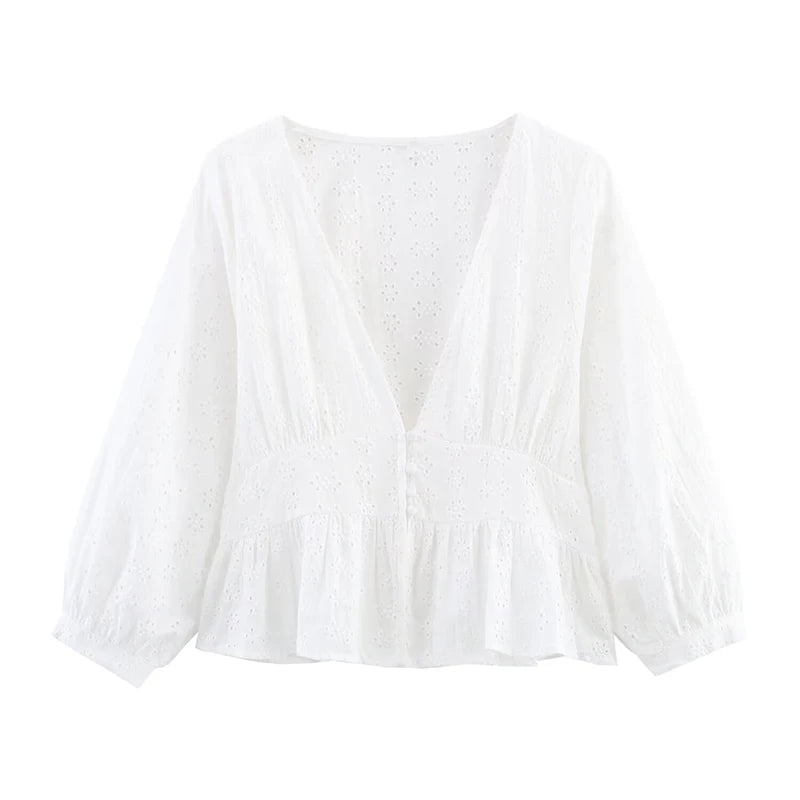 Openwork Embroidered White V-Neck Shirt
