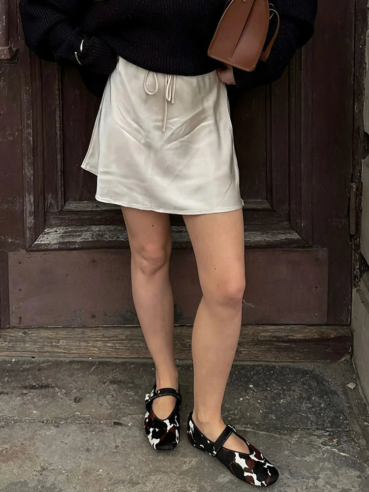 High Waist Drawstring Satin Mini Skirt Summer