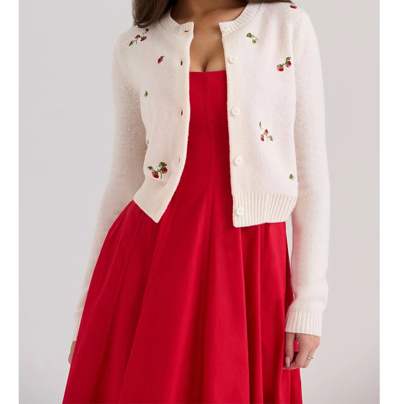 allvariant::Red dress with a white cardigan featuring cherry embroidery on a plain background