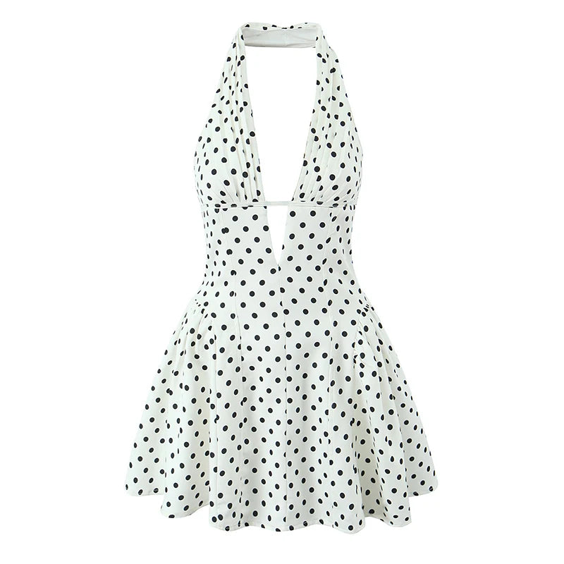 French Retro Polka Dot Deep V Backless Halter Mini Dress