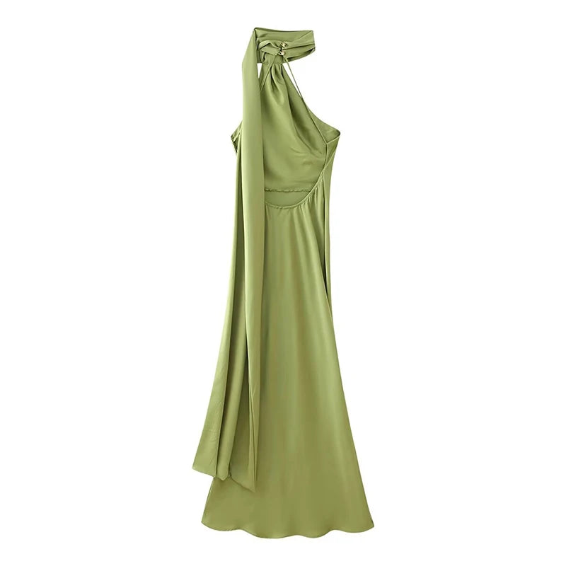 Green:: one-shoulder dress on a white background