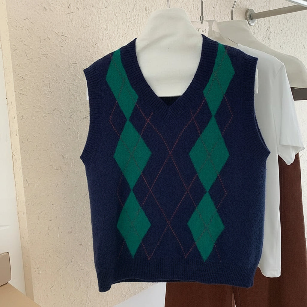 Wool O-Neck Diamond Knit Sweater