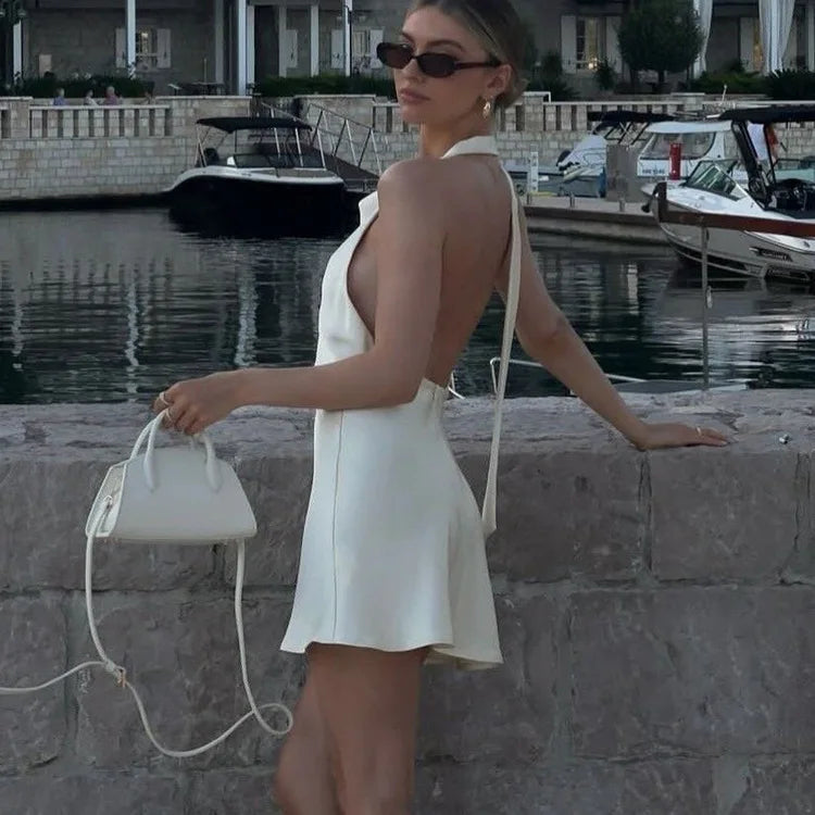 White Satin Backless A-Line Dress