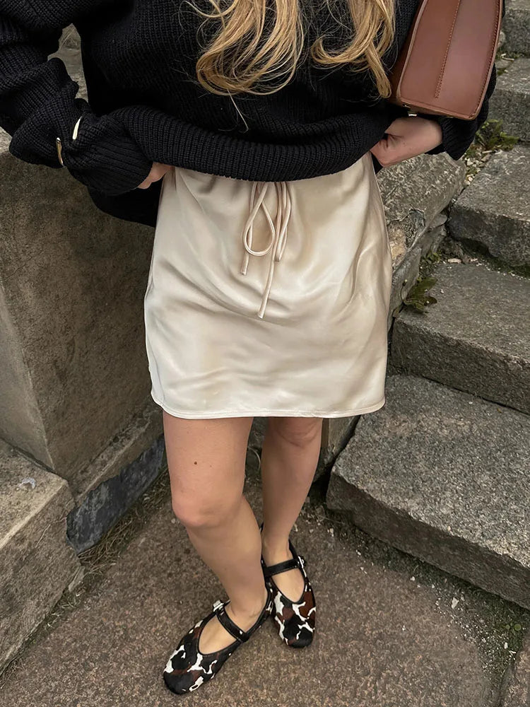 High Waist Drawstring Satin Mini Skirt Summer