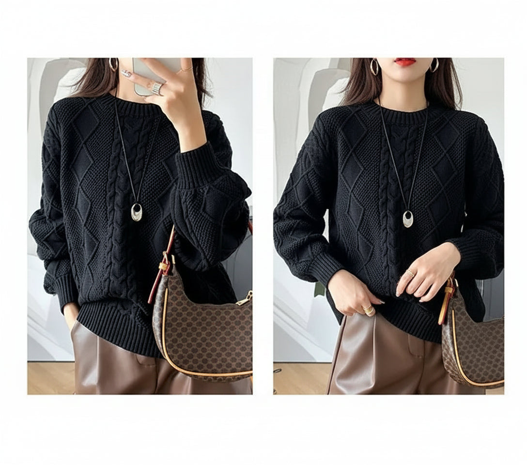 Black:: Person wearing a black cable knit sweater with a brown handbag, shown from two angles.
