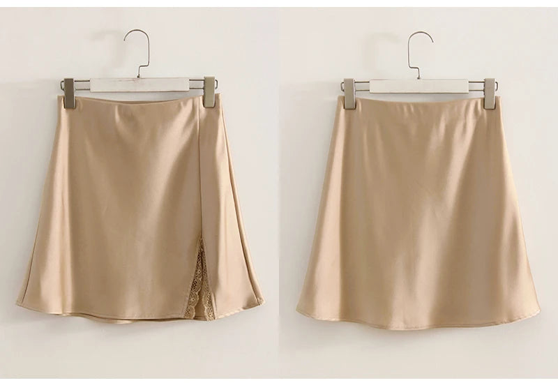 Lace Patchwork Satin Mini Skirt