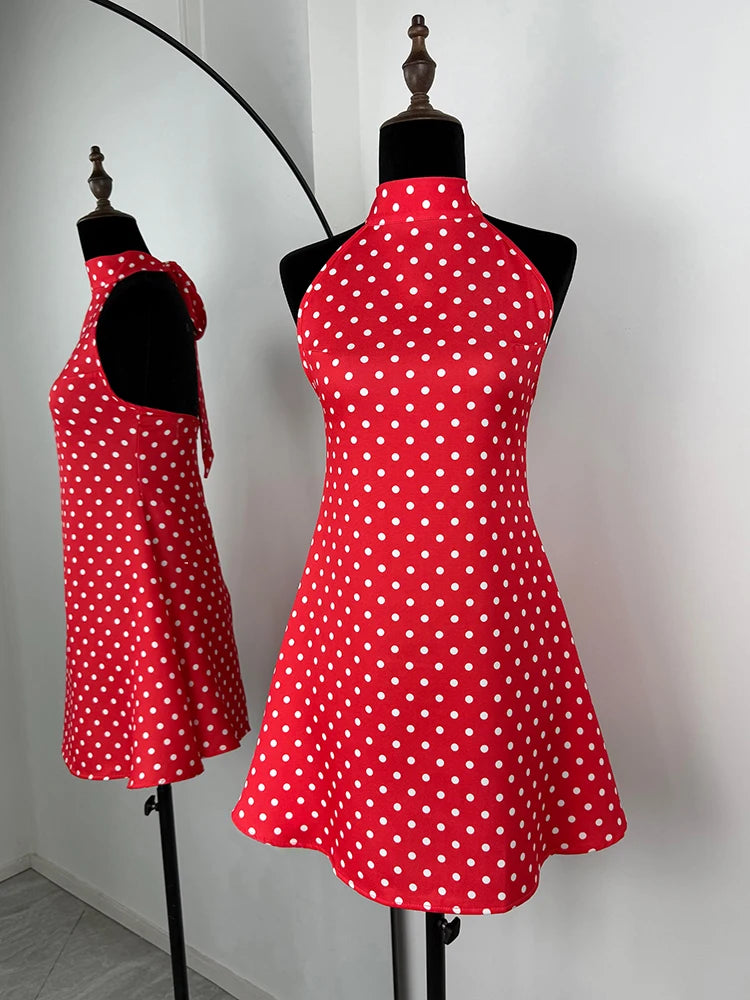 Polka Dot Off-Shoulder Backless Halter Mini Dress