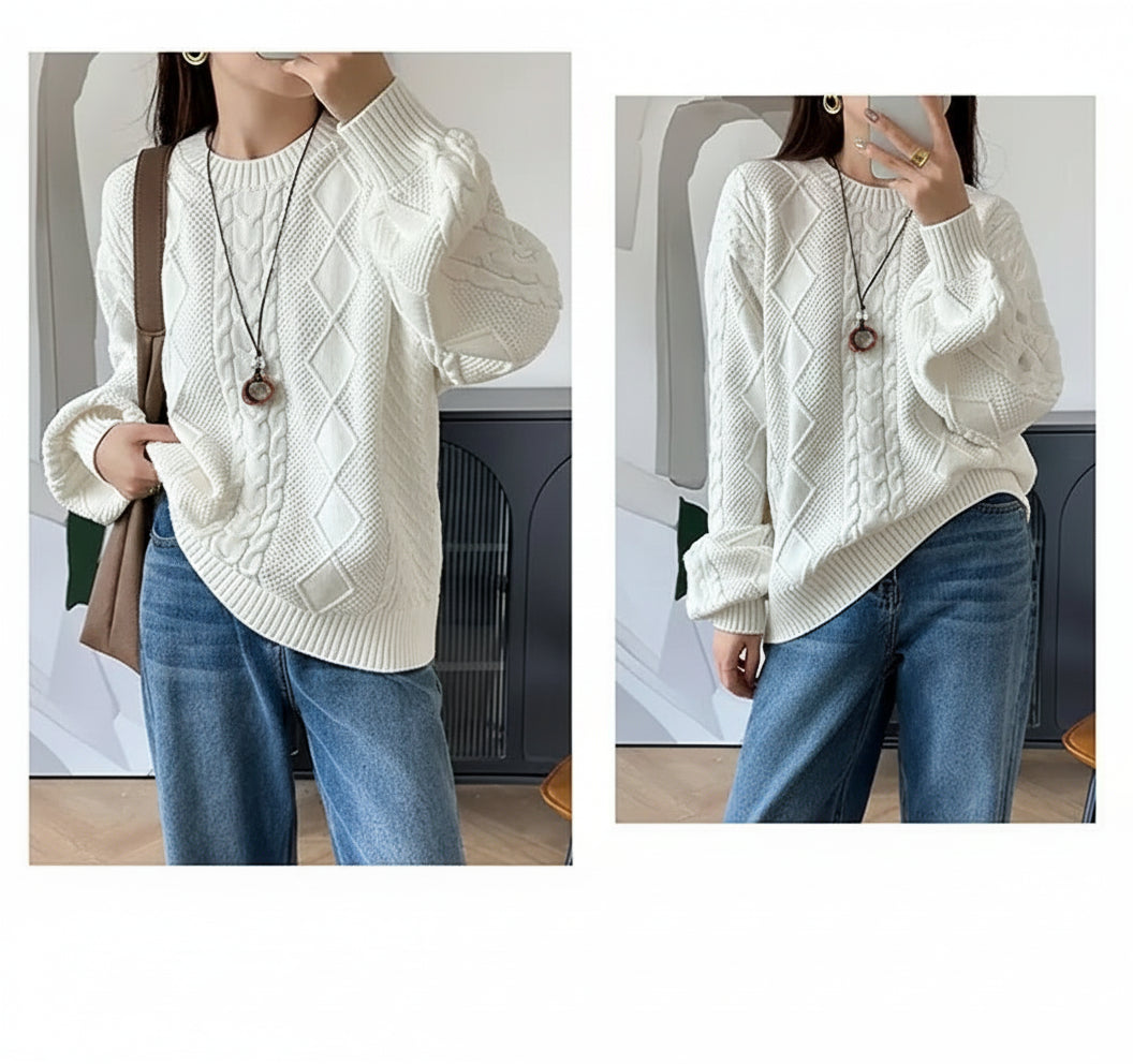 White:: Person wearing a white cable knit sweater and blue jeans in two different lighting conditions.
