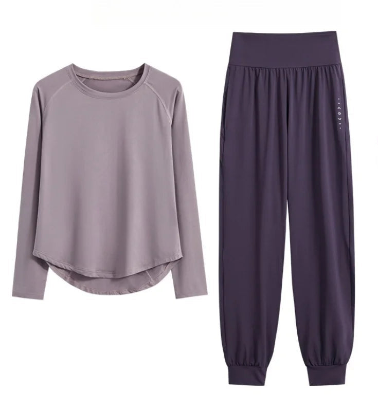 Two-Piece Yoga Set Long Sleeve Top & High Waist Pants