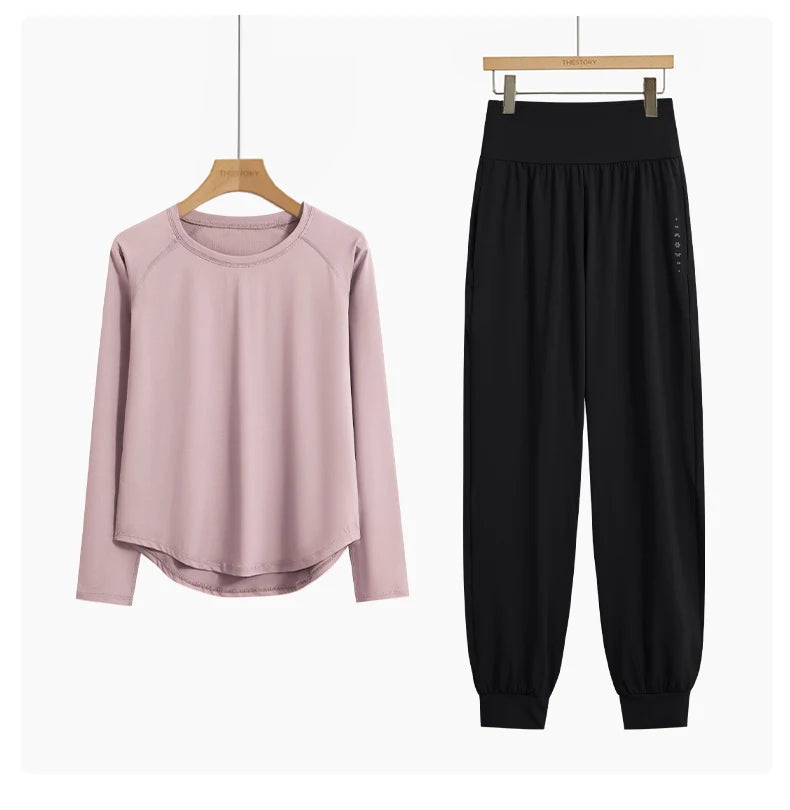Two-Piece Yoga Set Long Sleeve Top & High Waist Pants