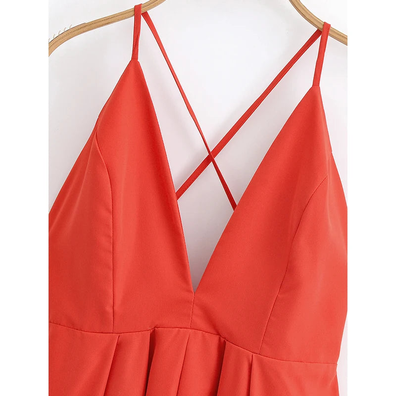 Red Backless Halter Pleated A-Line Maxi Dress