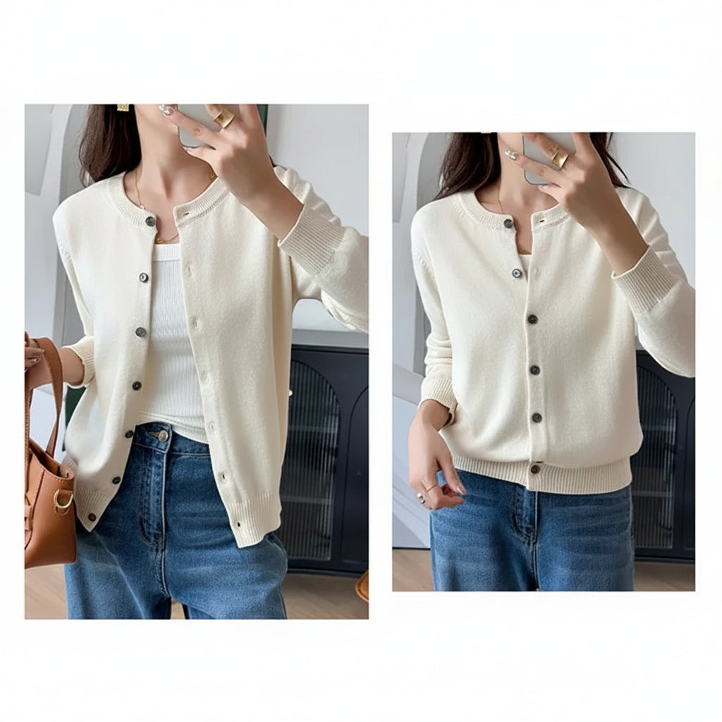 Cream:: Woman wearing a cream-colored cardigan with black buttons, standing indoors.