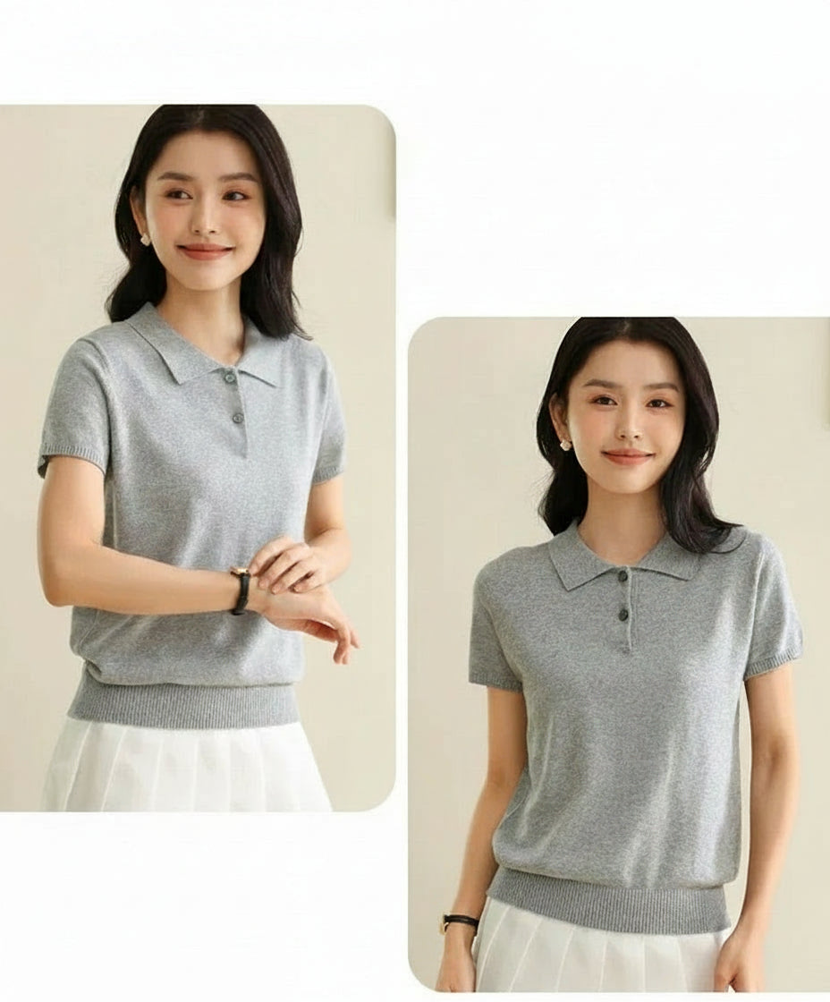 Light Grey:: Woman wearing a gray polo shirt on a beige background with 'WARM' and 'SOFT' text above.