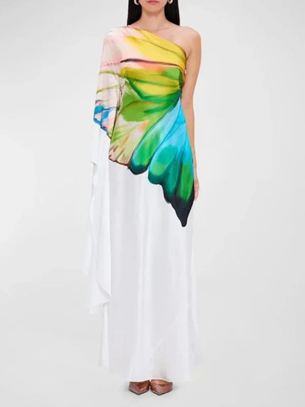 One-Shoulder Floral Asymmetric Maxi Dress