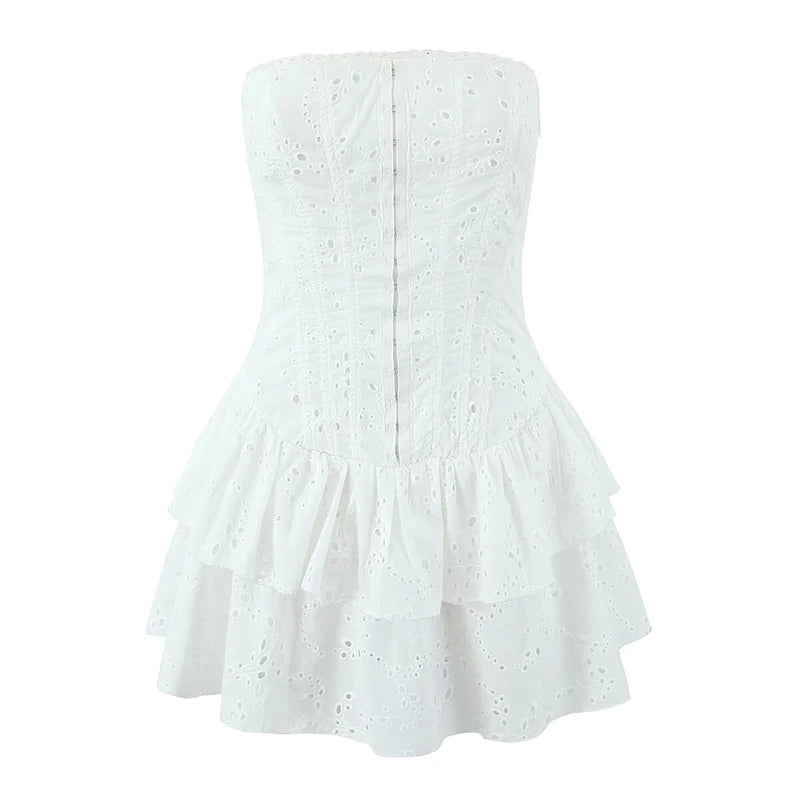 Hollow Out Embroidered Strapless Fit-and-Flare Mini Dress