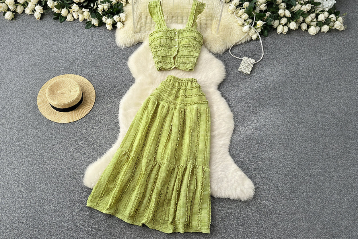 allvariants:: Green dress with matching top on a hanger against a textured white surface with flowers.