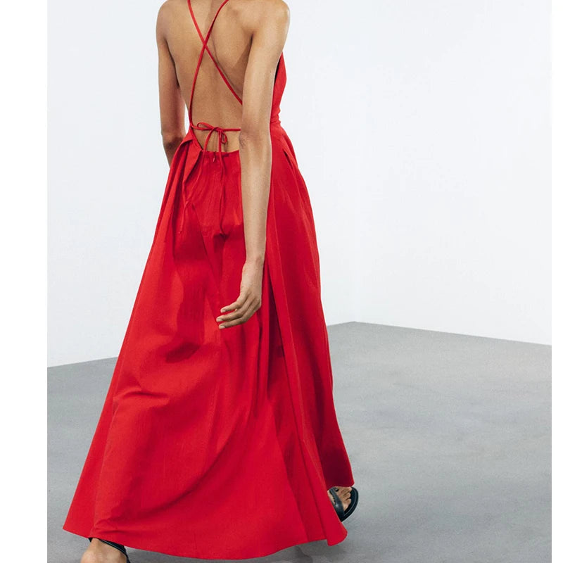 Red Backless Halter Pleated A-Line Maxi Dress