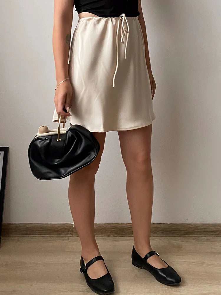 High Waist Drawstring Satin Mini Skirt Summer