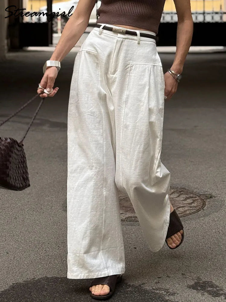 High Waist Cotton-Linen Wide Leg Pants